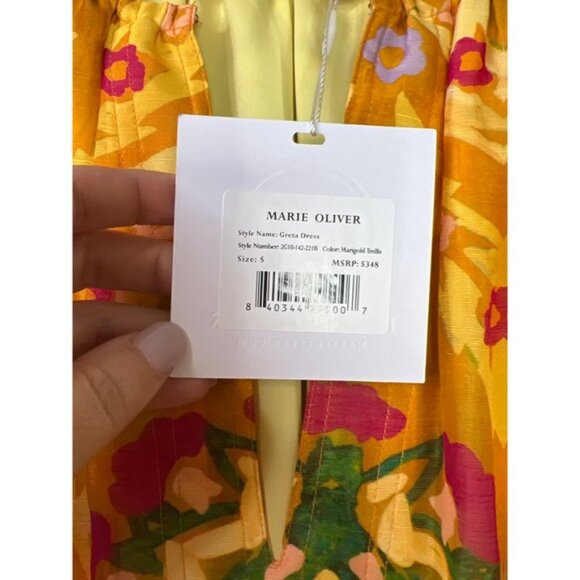 NWT Marie Oliver Elastic Neck Tiered Greta Dress Marigold Trellis Size: Small - Picture 7 of 9